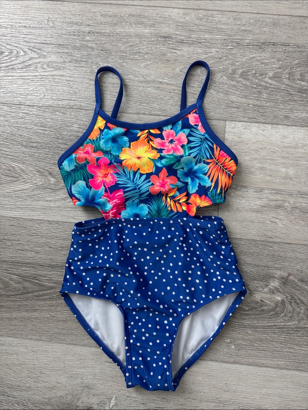 Cat & Jack Girls' Navy Floral & Polka Dot One-Piece Swimsuit w/Peek a Boo Sides